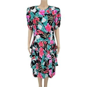 Maggy London by Jeannene Booher 80s Silk Tropical Dress Women's Plus Size 14